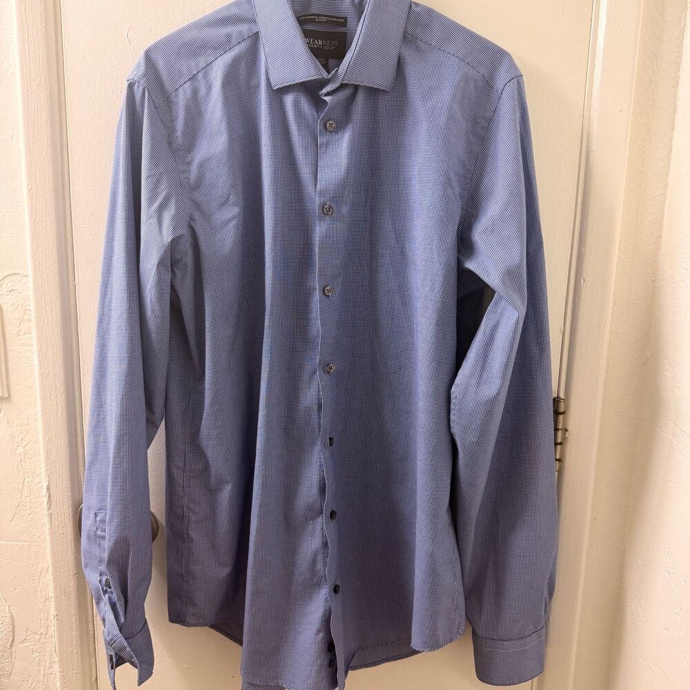 AWEARNESS KENNETH COLE Men L Blue Gingham Slim Fit Dress Shirt